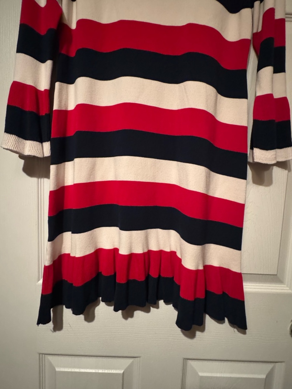 LOFT Sz Large Navy, Red and Off White Striped Sweater Dress w/glitter sleeve hem - Picture 7 of 10
